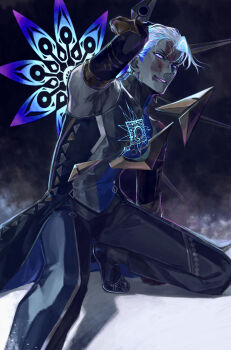 1boy absurdres arm_up black_pants black_shoes blood blood_on_face colored_skin commentary_request fate/grand_order fate_(series) grey_skin highres holding holding_weapon indra_(fate) looking_at_viewer male_focus mimino_mimizu9 pants parted_lips shoes solo squatting weapon white_eyes white_hair