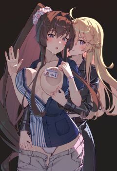 2girls alternate_costume black_background black_jacket black_pants blue_eyes blue_shirt breasts brown_hair cherry_blossoms convenient_censoring employee_uniform flower grey_pants hair_between_eyes hair_flower hair_intakes hair_ornament highres himeyamato id_card indoors iowa_(kancolle) jacket kantai_collection large_breasts lawson leather leather_jacket long_hair long_sleeves multiple_girls no_bra official_alternate_costume open_mouth panties pants pink_panties ponytail red_eyes shirt shop short_sleeves sidelocks simple_background star-shaped_pupils star_(symbol) store_clerk striped_clothes striped_shirt symbol-shaped_pupils underwear undressing undressing_another very_long_hair yamato_(kancolle) yamato_(lawson)_(kancolle) yuri