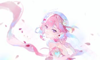 1girl absurdres aijiang013 beret breasts chinese_commentary commentary_request diamond-shaped_pupils diamond_(shape) earrings elf elysia_(hi_love_elf)_(honkai_impact) elysia_(honkai_impact) falling_petals from_side hat heart heart_earrings highres honkai_(series) honkai_impact_3rd jewelry long_hair looking_at_viewer medium_breasts petals pink_hair pink_petals pointy_ears purple_eyes simple_background smile solo symbol-shaped_pupils upper_body very_long_hair white_background