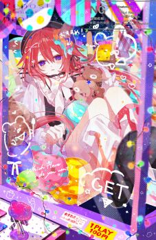 1girl absurdres beret blush bow bowtie box hair_between_eyes hair_bow hat highres in_box in_container long_hair long_sleeves looking_at_viewer original parted_lips purple_eyes red_hair stuffed_animal stuffed_toy tearing_up white_bow white_bowtie yakinikusakoku