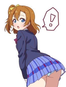 ! 1girl ass blazer blue_eyes blue_skirt bow brown_hair commentary_request cowboy_shot from_behind hair_bow jacket kosaka_honoka long_sleeves looking_at_viewer looking_back love_live! love_live!_school_idol_project mukiryoku_bato one_side_up otonokizaka_school_uniform panties pantyshot pleated_skirt school_uniform short_hair simple_background skirt solo spoken_exclamation_mark standing underwear white_background yellow_bow