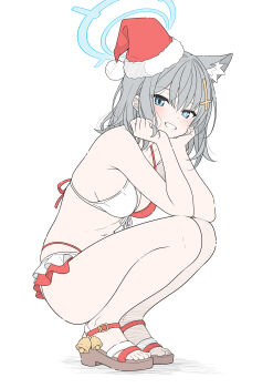 1girl absurdres alternate_costume animal_ears ankle_bell bell bikini blue_archive blue_eyes blue_halo breasts christmas clenched_teeth commentary cross_hair_ornament full_body grey_hair grin hair_ornament halo hat highres looking_at_viewer medium_breasts medium_hair mismatched_pupils multicolored_bikini red_bikini red_hat sandals santa_hat shiroko_(blue_archive) simple_background smile solo squatting swimsuit symbol-only_commentary t1kosewad teeth toes two-tone_bikini white_background white_bikini