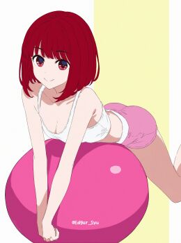 1girl absurdres arima_kana ass ball bare_shoulders blunt_bangs bob_cut breasts cleavage closed_mouth collarbone commentary crop_top edgar_syu english_commentary exercise_ball exercising eyelashes feet_out_of_frame flat_color highres inverted_bob kneeling leaning_forward looking_at_viewer midriff oshi_no_ko own_hands_together pink_shorts red_eyes red_hair short_hair short_shorts shorts small_breasts smile solo tank_top unfinished v_arms white_background white_tank_top yellow_background