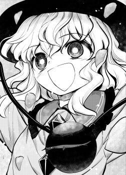 Rule 34 | 1girl, buttons, diamond button, eyeball, falling petals, frilled shirt collar, frills, greyscale, hat, highres, komeiji koishi, monochrome, open mouth, petals, smile, suna (s73d), third eye, touhou