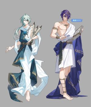 2boys absurdres alternate_costume anaxa_(honkai:_star_rail) ancient_greek_clothes aqua_hair armlet barefoot chalk commentary_request dr._ratio_(honkai:_star_rail) eyepatch full_body greco-roman_clothes grey_background hair_between_eyes hair_ornament highres holding holding_chalk holding_scroll holding_stone_tablet honkai:_star_rail honkai_(series) jewelry little_modao long_hair looking_at_viewer male_focus multiple_boys multiple_rings necklace ponytail purple_hair red_eyes ring robe scroll simple_background single_bare_shoulder smile stone_tablet toned toned_male white_robe