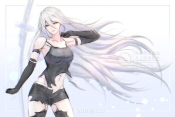 1girl a2_(nier:automata) android arm_strap artist_name bare_shoulders black_gloves black_shirt blue_eyes cowboy_shot double-parted_bangs elbow_gloves floating_hair gloves gradient_background grey_background hair_between_eyes huge_weapon joints k0himizu long_hair midriff mole mole_under_mouth multiple_arm_straps navel nier:automata nier_(series) no_blindfold robot_joints shirt simple_background skin_seams solo sword thighhighs torn_clothes torn_thighhighs upper_body v-shaped_eyebrows very_long_hair watermark weapon white_hair