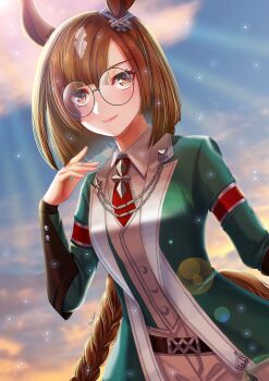 1girl animal_ears blush braid braided_ponytail breasts brown_hair closed_mouth coat collared_shirt commentary_request dated_commentary ear_ornament glasses green_coat highres horse_ears horse_girl horse_tail ikuno_dictus_(mantle_of_steel)_(umamusume) ikuno_dictus_(umamusume) jacket long_hair long_sleeves looking_at_viewer multicolored_hair necktie otono_(bkt4b) red_necktie round_eyewear shirt smile solo tail umamusume vest white_shirt white_vest