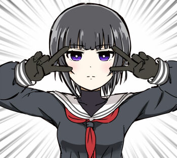 1girl black_gloves black_shirt breasts bright_pupils closed_mouth commentary_request covered_collarbone double_v emotional_engine_-_full_drive emphasis_lines gloves grey_hair hands_up idolmaster idolmaster_cinderella_girls long_hair long_sleeves looking_at_viewer medium_breasts neckerchief purple_eyes red_neckerchief sailor_collar school_uniform serafuku shirayuki_chiyo shirt short_hair simple_background solo split_mouth straight-on torako_(toramaru) v v_over_eye white_background white_pupils white_sailor_collar