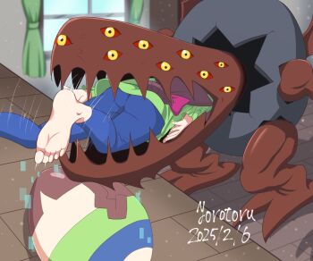 1girl 2025 artist_name blue_pants brown_hair dated digimon digimon_(creature) digimon_ghost_game digitama digitamamon egg feet green_shirt hair_ribbon long_hair long_sleeves objectification pants red_ribbon ribbon shirt transformation tsukiyono_ruli vore window yorotoru