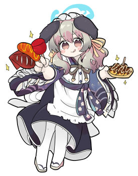Rule 34 | 1girl, :q, animal ears, apron, between fingers, black skirt, blue archive, blue kimono, blush stickers, brown eyes, brown hair, brown sandals, candy apple, closed mouth, dog ears, food, full body, grey hair, hair between eyes, halo, holding, holding food, ikayaki, japanese clothes, kimono, long hair, long sleeves, looking at viewer, miranofuudoria, multicolored hair, pantyhose, sandals, simple background, skirt, smile, solo, takoyaki, tongue, tongue out, two-tone hair, umika (blue archive), white apron, white background, white pantyhose, wide sleeves, zouri