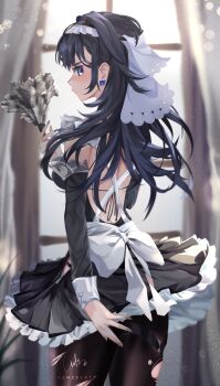 1girl absurdres alternate_costume black_dress black_hair black_pantyhose blue_eyes bow bow_earrings commentary dress duster earrings english_commentary enmaided feather_duster highres holding holding_duster hololive hololive_english indoors jewelry kenzeeato long_hair looking_back maid ouro_kronii pantyhose solo torn_clothes torn_pantyhose veil virtual_youtuber window