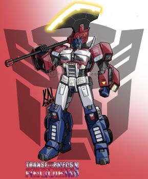 1boy autobot axe battle_axe blue_eyes energon highres holding holding_axe holding_weapon insignia kairito10 machine machinery mecha mecha_focus no_humans optimus_prime over_shoulder robot robot_boy science_fiction solo transformers transformers_(marvel) weapon weapon_over_shoulder