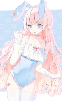 1girl absurdres amo_uno animal_ear_hairband animal_ears artist_request bandaid_on_object bare_shoulders blonde_hair blue_background blue_choker blue_eyes blue_one-piece_swimsuit choker collarbone commentary covered_navel cowboy_shot detached_sleeves fake_animal_ears frilled_one-piece_swimsuit frills gradient_hair hairband hand_up heart heart_background highres indie_virtual_youtuber long_hair looking_at_viewer multicolored_hair nontraditional_playboy_bunny one-piece_swimsuit open_mouth pantyhose pantyhose_under_swimsuit pink_hair playboy_bunny playboy_bunny_swimsuit rabbit_ear_hairband rabbit_ears second-party_source sleeves_past_wrists solo swimsuit thighhighs white_sleeves white_thighhighs