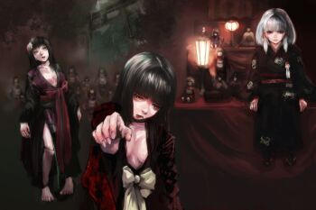 3girls barefoot black_hair breasts brown_eyes character_request closed_mouth collarbone doll doll_joints fatal_frame fatal_frame:_mask_of_the_lunar_eclipse fatal_frame:_maiden_of_black_water gauss_&lt;bokashi haibara_ayako japanese_clothes joints kimono lips looking_at_viewer multiple_girls reaching reaching_towards_viewer red_kimono shiragiku_(fatal_frame)