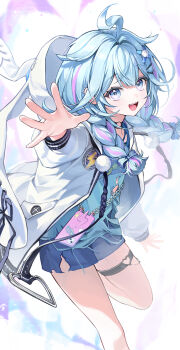 1girl ahoge black_choker blue_eyes blue_hair blue_shirt braid choker hair_flaps hair_ornament highres hololive hololive_dev_is jacket lightning_ahoge long_hair looking_at_viewer merrymoz mizumiya_su multicolored_hair o-ring o-ring_choker open_mouth pink_hair shirt smile solo streaked_hair twin_braids virtual_youtuber