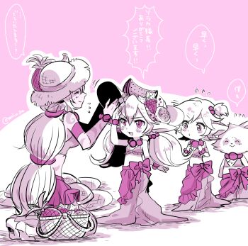 1boy 3girls alternate_costume dress food food_on_head fruit fruit_on_head hat highres league_of_legends long_hair monochrome multiple_girls object_on_head order_of_the_banana_soraka otani_(kota12ro08) plant pointy_ears poppy_(league_of_legends) salute short_hair skirt soraka_(league_of_legends) teemo translation_request tristana_(league_of_legends) yordle