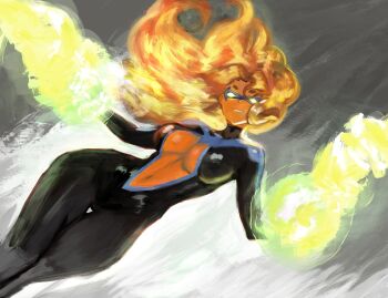 1girl black_bodysuit bodysuit breasts cleavage cleavage_cutout clothing_cutout cosplay dc_comics domino_mask eye_mask feet_out_of_frame flaming_hand highres killem_soft large_breasts long_hair mask navel nightwing nightwing_(cosplay) parted_bangs parted_lips red_hair short_eyebrows smile solo starfire superhero_costume teen_titans thick_eyebrows white_eyes