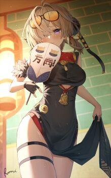 1girl absurdres black_dress black_gloves blonde_hair breasts china_dress chinese_clothes closed_mouth clothes_lift clothing_cutout commentary cowboy_shot cutout_above_navel dress eyewear_on_head fingerless_gloves fingernails gloves hair_over_one_eye hand_fan headgear highres holding holding_fan indoors large_breasts lifting_own_clothes looking_at_viewer maeru orange-tinted_eyewear pelvic_curtain pelvic_curtain_lift purple_eyes short_hair signature single_fingerless_glove smile solo sunglasses sweety_(zenless_zone_zero) tinted_eyewear tuanshan yum_cha_sin_shopkeeper zenless_zone_zero