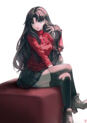 Rule 34 | 1girl, absurdres, black hair, black skirt, black thighhighs, blue eyes, boots, breasts, brown hair, commission, crossed legs, fate/stay night, fate (series), hand in own hair, highres, long hair, long sleeves, looking at viewer, ootato, open mouth, pixiv commission, red sweater, sitting, skirt, solo, sweater, thighhighs, tohsaka rin, zettai ryouiki
