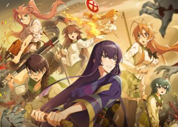 absurdres black_hair blonde_hair blue_eyes breasts busujima_saeko cattleya_(queen&#039;s_blade) crossover glasses green_hair highres highschool_of_the_dead japanese_clothes kimono large_breasts leina_(queen&#039;s_blade) long_hair mirim miyamoto_rei nyx_(queen&#039;s_blade) official_art pink_hair purple_hair queen&#039;s_blade queen&#039;s_blade_limit_break sword takagi_saya twintails weapon