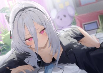 1girl absurdres black_hairband black_shirt blue_archive blue_necktie blush breasts cleavage commentary_request grey_hair hair_between_eyes hairband halo highres indoors k2_(jack_lin) kei_(blue_archive) kei_(new_body)_(blue_archive) long_hair long_sleeves looking_at_viewer lying medium_breasts necktie on_stomach pink_eyes red_eyes shirt sketch solo stuffed_animal stuffed_toy