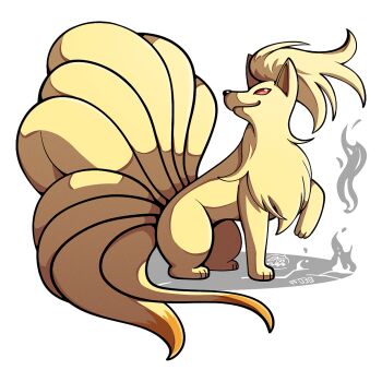 Rule 34 | extra tails, gen 1 pokemon, looking at viewer, mistray-art, ninetales, nintendo, no humans, numbered, pokemon, pokemon (creature), signature, simple background, solo, white background, yellow fur