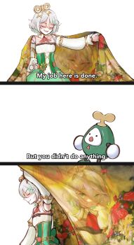 absurdres arm_up ascot cape cecilia_immergreen cecilia_immergreen_(1st_costume) character_print closed_eyes colored_inner_hair corset detached_sleeves doll_joints english_text green_corset green_hair grey_hair highres hololive hololive_english joints meme multicolored_hair my_job_here_is_done_(meme) red_ascot short_hair simple_background standing subtitled two-tone_hair virtual_youtuber white_background white_sleeves winding_key zookacchi