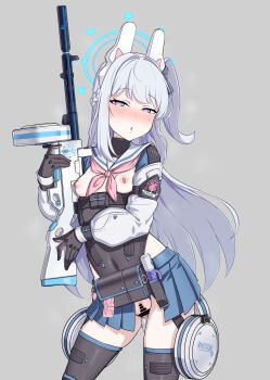 1girl absurdres animal_ears bar_censor bimbofication black_bow black_gloves blue_archive blue_halo blue_skirt blush bow braid breastless_clothes breasts censored come_hither commentary_request condom condom_packet_strip condom_wrapper corruption dark_persona dildo fake_animal_ears gloves gozaru grey_background grey_hair gun hair_bow half-skirt half_up_braid halo heart heart_in_eye highres holding holding_gun holding_weapon long_hair looking_at_viewer miniskirt miyako_(blue_archive) neckerchief no_bra no_panties object_insertion one_side_up paid_reward_available pink_gloves pink_neckerchief pleated_skirt purple_eyes pussy revealing_clothes sailor_collar sex_toy simple_background skirt small_breasts solo studded_gloves submachine_gun suomi_kp/-31 symbol_in_eye turtleneck two-tone_gloves vaginal vaginal_object_insertion weapon