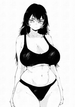 1girl :/ absurdres bare_arms bare_shoulders breasts cleavage collarbone commentary cowboy_shot curvy flipped_hair flipped_sidelocks greyscale hair_between_eyes hatching_(texture) high_contrast highres large_breasts linear_hatching long_hair miregeist monochrome navel panties rocio_mendoza simple_background solo sports_bra standing stomach tatakau_ni_atai_suru underwear underwear_only white_background