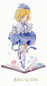 Rule 34 | 1girl, absurdres, alice margatroid, alice margatroid (pc-98), back bow, blonde hair, blue bow, blue eyes, blue flower, blue petals, blue ribbon, blue shoes, blue skirt, blue suspenders, book, bow, buttons, character name, closed mouth, colored eyelashes, commentary, flower, hair bow, highres, index finger raised, knees, long sleeves, one eye closed, open book, pink flower, pink petals, ribbon, shirt, shoes, short hair, simple background, skirt, skirt hold, socks, solo, touhou, touhou (pc-98), white background, white shirt, white socks, yinyong yu