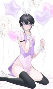 1boy androgynous animal_ears balloon bare_shoulders black_hair black_thighhighs bulge clothing_cutout commentary double-parted_bangs facing_viewer fake_animal_ears groin hand_over_face hand_up heart_balloon heart_cutout highleg highleg_leotard highres holding holding_balloon leotard looking_to_the_side male_focus mole mole_under_eye original purple_eyes purple_leotard purple_vest rabbit_ears short_hair sitting solo thighhighs vest vorqcity wariza white_background white_wrist_cuffs wrist_cuffs