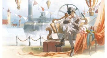 1boy aircraft animal armchair banner black_socks blue_ribbon blue_sky book bouquet bow bowtie brown_jacket building cane chair commentary crossed_legs curtains dog ensemble_stars! fence flower formal_clothes full_body grey_pants hair_between_eyes hands_up highres holding holding_animal holding_dog holding_paw hot_air_balloon jacket lapels male_focus notched_lapels outdoors pants red_eyes ribbon sakuma_ritsu scenery shirt shoes short_hair sky socks solo suit suitcase table tulip white_shirt yusongrmdsuki