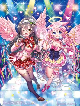 2girls black_hair black_thighhighs blazer blue_bow blue_eyes bow bowtie breasts brown_eyes brown_shoes cleavage concert copyright_notice dress feathered_wings flower frilled_dress frilled_skirt frilled_thigh_strap frills glowstick hair_bow hair_flower hair_ornament hairband halo hand_on_another&#039;s_hand heart holding holding_microphone idol_clothes jacket kamui_natsuki large_breasts long_hair marie_(z/x) microphone multiple_girls official_art one_eye_closed open_mouth pecteilis pink_bow pink_bowtie pink_dress pink_hair pink_jacket pink_shoes plaid_bow plaid_bowtie plaid_clothes plaid_skirt pointy_ears red_skirt shirt shoes skirt sparkle spotlight standing standing_on_one_leg star_(symbol) thigh_strap thighhighs traditional_halo very_long_hair white_hairband white_shirt wings z/x