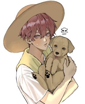Rule 34 | 1boy, absurdres, amo 0202, animal, baby animal, bamby (plave), chinese commentary, closed mouth, commentary request, crew neck, dog, double-parted bangs, hair between eyes, hat, highres, holding, holding animal, holding dog, looking at viewer, male focus, pink eyes, pink hair, plave, puppy, scarf, shirt, short hair, short sleeves, solo, sun hat, white background, white shirt, yellow scarf