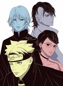 Rule 34 | 1girl, 3boys, bare shoulders, boruto: two blue vortex, choker, cloak, coat, commentary, corrupted twitter file, earrings, eyebrow piercing, face piercing, forehead protector, frown, headband, highres, jewelry, kawaki (boruto), limited palette, matsu (fu6ide2), medium hair, mitsuki (naruto), mohawk, multiple boys, naruto (series), one eye closed, piercing, scar, scar across eye, scar on face, short hair, symbol-only commentary, twitter username, uchiha sarada, undercut, uzumaki boruto