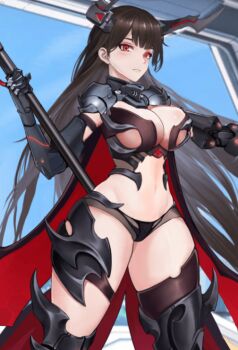 1girl adrien_(idle_epic_angle_of_fate) animated animated_gif armor bikini bikini_armor black_bikini breasts cleavage clothing_cutout full_body holding holding_behind_back holding_scythe holding_weapon idle_epic_angle_of_fate large_breasts live2d long_hair non-web_source scythe swimsuit weapon