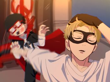 2boys adjusting_hair afterimage black_hair blonde_hair closed_eyes commentary_request franky_franklin glasses hair_slicked_back hand_in_own_hair hand_on_own_head highres hitting mameinko1270624 meme multiple_boys naoya_hitting_choso_without_looking_(meme) parody punching rapid_punches scene_reference spy_x_family twilight_(spy_x_family)