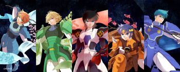 Rule 34 | 5boys, absurdres, aqua eyes, armor, black hair, blonde hair, blue eyes, blue hair, branch, brown hair, cherry blossoms, cowboy shot, date seiji, expressionless, fabric, flower, flower request, green eyes, hashiba touma, highres, holding, holding branch, lips, looking at viewer, male focus, medium hair, mizuki ken, mouri shin, multiple boys, purple eyes, yoroiden samurai troopers, sanada ryou, short hair, shue rei fuan, upper body, yoroiden samurai troopers