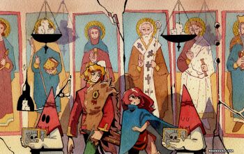 :o artist_name barbed_wire blonde_hair blue_cloak blush box candle capirote christian_mythology christianity cloak commentary conical_hat crack cracked_wall cross cubism english_commentary green_pants halo hanging_light hat holding holding_box holding_staff holding_sword holding_weapon icon_(religion) layered_clothes long_hair looking_at_another magnagallina medieval mob_face multiple_boys multiple_girls mural nicholas_of_myra original pants red_hat red_hood red_shirt red_tunic robe sheath sheathed shepherd's_crook shirt side_slit skull staff sword traditional_media tunic walking weapon white_robe yellow_halo