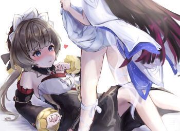 2girls black_dress black_hair blue_eyes blush brown_hair clothes_lift columbina_(genshin_impact) commentary_request detached_sleeves dress dress_lift genshin_impact heart highres ituo looking_at_pussy multiple_girls parted_lips purple_streaks pussy_juice sandrone_(genshin_impact) standing white_dress yuri