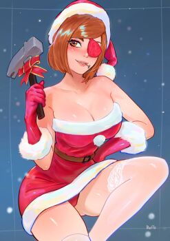 1girl artist_name bare_shoulders belt breasts brown_belt brown_eyes brown_hair christmas cleavage collarbone commentary commission dress english_commentary eyepatch feet_out_of_frame fur-trimmed_dress fur-trimmed_gloves fur-trimmed_headwear fur_trim gloves hammer hat highres holding holding_hammer jujutsu_kaisen kugisaki_nobara lace lace-trimmed_thighhighs lace_trim large_breasts lips looking_at_viewer mouth_hold nail_(hardware) panties pantyshot parted_lips pink_dress pink_gloves pink_hat pink_lips pink_panties pom_pom_(clothes) rollo_(kuyuen1) santa_costume santa_hat short_hair snowing solo strapless strapless_dress swept_bangs teeth_hold thighhighs thighs underwear