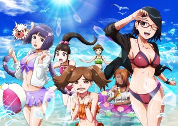 6+girls akimichi_chouchou artist_request ball bare_arms bare_legs bare_shoulders beach beachball belly bikini bikini_skirt bird black_eyes black_hair black_shirt blouse boruto:_naruto_next_generations bracelet braid braided_ponytail breasts brown_eyes brown_hair cleavage collarbone cup dark-skinned_female dark_skin drinking_glass drinking_straw female_focus flat_chest glasses green_bikini green_eyes hair_ornament izuno_wasabi jewelry kakei_sumire kurogane_tsubaki long_hair looking_at_viewer makeup medium_breasts midriff mole mole_under_eye multiple_girls naruto_(series) navel necklace nue_(boruto) nue_(creature) official_art one_eye_closed open_mouth orange_bikini pink_bikini pink_eyes playing ponytail prank purple_bikini purple_eyes purple_hair seagull see-through_clothes see-through_shirt shirt short_hair small_breasts smile splashing sports_bikini surprised suzumeno_namida swimsuit thick_eyebrows twin_braids twintails uchiha_sarada uchiha_symbol wet yellow_eyes