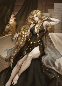 1girl anklet armlet armpits barefoot belt blonde_hair bracelet circlet closed_mouth commentary curtains elden_ring english_commentary gold_armlet gold_belt gold_bracelet gold_circlet highres jewelry long_hair metal_belt paper_stack queen queen_marika_the_eternal sitting sofiia_lielak solo very_long_hair yellow_eyes