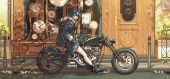 1girl absurdres analog_clock arknights black_jacket blue_eyes blue_hair boots clock commentary_request dark_halo demon_horns detached_wings door energy_wings english_text fallen_angel fur-trimmed_hood fur-trimmed_jacket fur_trim halo hand_in_pocket helmet highres holding holding_unworn_helmet hood horns jacket leaf long_hair looking_at_viewer massabou2 mostima_(arknights) motor_vehicle motorcycle on_motorcycle outdoors penguin_logistics_logo shop smile solo traditional_halo twitter_username unworn_headwear unworn_helmet watermark wings