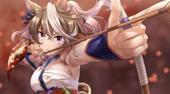 1girl absurdres animal_ears anrumi archery armpits arrow_(projectile) blush bow_(weapon) breasts brown_hair chest_sarashi closed_mouth commentary drawing_bow hair_between_eyes highres holding holding_arrow holding_bow_(weapon) holding_weapon horse_ears horse_girl japanese_clothes kimono long_hair medium_breasts multicolored_hair official_alternate_costume ponytail purple_eyes sarashi solo streaked_hair symboli_rudolf_(archer_by_moonlight)_(umamusume) symboli_rudolf_(umamusume) umamusume upper_body weapon white_hair