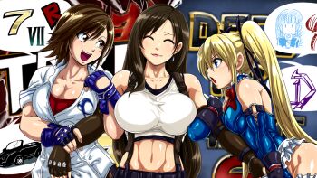 4girls breasts crossover dead_or_alive dead_or_alive_6 final_fantasy final_fantasy_vii kazama_asuka kula_diamond large_breasts long_hair love_triangle marie_rose multiple_girls raburebo shiranui_mai smile tekken the_king_of_fighters tifa_lockhart yuri