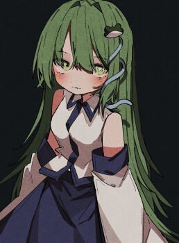 1girl bare_shoulders blue_skirt blush closed_mouth commentary dark_background detached_sleeves expressionless frog_hair_ornament green_eyes green_hair hair_ornament highres kochiya_sanae long_hair looking_at_viewer nacht_musik shirt skirt sleeveless sleeveless_shirt snake_hair_ornament solo star-shaped_pupils star_(symbol) symbol-shaped_pupils touhou very_long_hair white_shirt