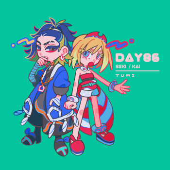 1boy 1girl :o adaman_(pokemon) anklet aqua_background artist_name bandaged_arm bandaged_hand bandages bare_shoulders black_shoes blonde_hair blue_eyes blue_hair blue_jacket bracelet character_name commentary_request dot_nose eyebrow_cut eyelashes full_body hairband hand_in_pocket highres irida_(pokemon) jacket jep5e jewelry medium_hair multicolored_hair nintendo open_clothes open_jacket open_mouth pokemon pokemon_legends:_arceus red_hairband red_shoes red_tube_top shoes short_hair short_shorts shorts simple_background standing strapless tube_top white_shorts