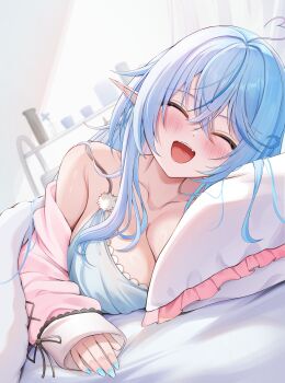 1girl 7nopi ^_^ absurdres ahoge blue_camisole blue_hair breasts camisole cleavage closed_eyes commentary_request crossed_bangs day double-parted_bangs elf facing_viewer hair_between_eyes head_on_pillow heart heart_ahoge highres hololive indoors jacket large_breasts long_hair lying multicolored_hair off_shoulder on_bed open_mouth pillow pink_jacket pointy_ears sleeves_past_wrists smile solo streaked_hair teeth under_covers upper_teeth_only virtual_youtuber yukihana_lamy