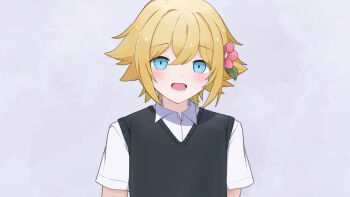 absurdres antenna_hair basil_(faraway)_(omori) basil_(omori) blonde_hair blue_eyes blush collared_shirt commentary double-parted_bangs flower green_sweater_vest grey_background hair_between_eyes hair_flower hair_ornament hatoba_(hatoba_yado) highres looking_at_viewer lower_teeth_only omori open_mouth shirt short_hair short_sleeves sidelocks simple_background sweater_vest symbol-only_commentary teeth tongue upper_body white_shirt